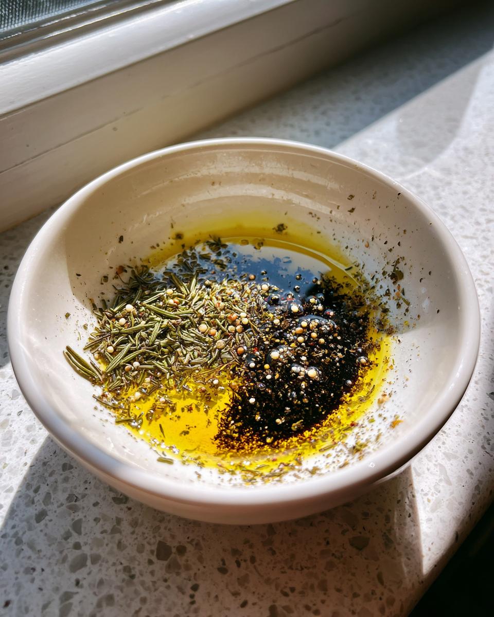 Close-up of olive oil, balsamic vinegar, and herbs being combined for a balsamic and olive oil bread dip.