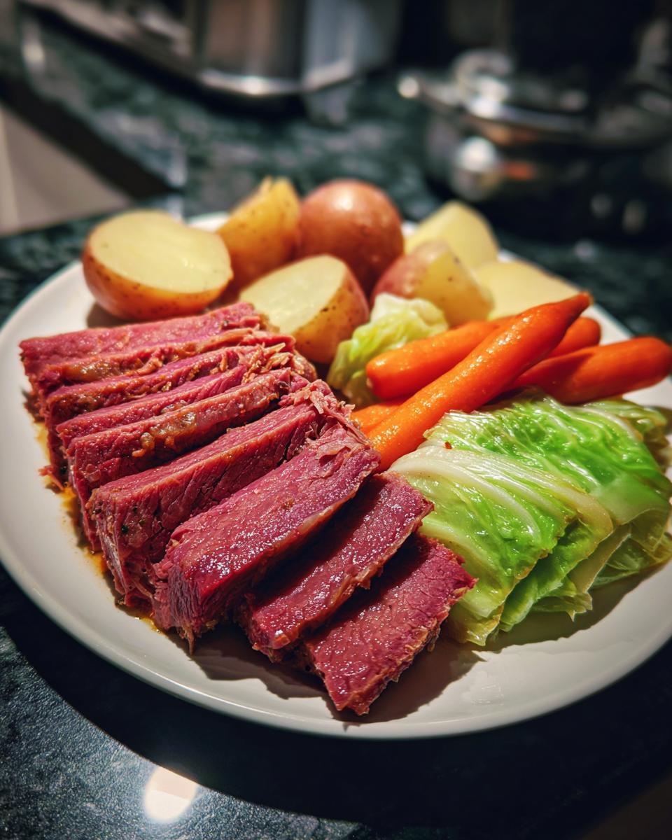 Slices of tender corned beef served with boiled potatoes, carrots, and cabbage, ready to eat.