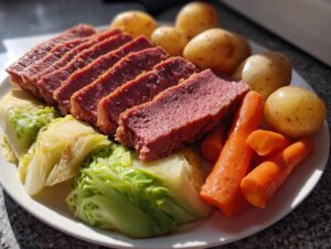 A plate featuring sliced instant pot corned beef and cabbage with carrots and small potatoes.