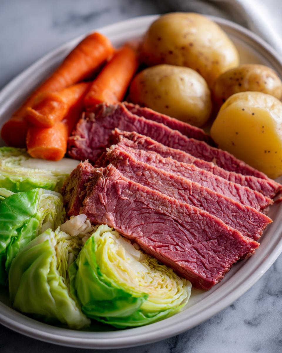 Slices of cooked corned beef served with boiled potatoes, carrots, and wedges of cabbage for an instant pot corned beef and cabbage dinner.