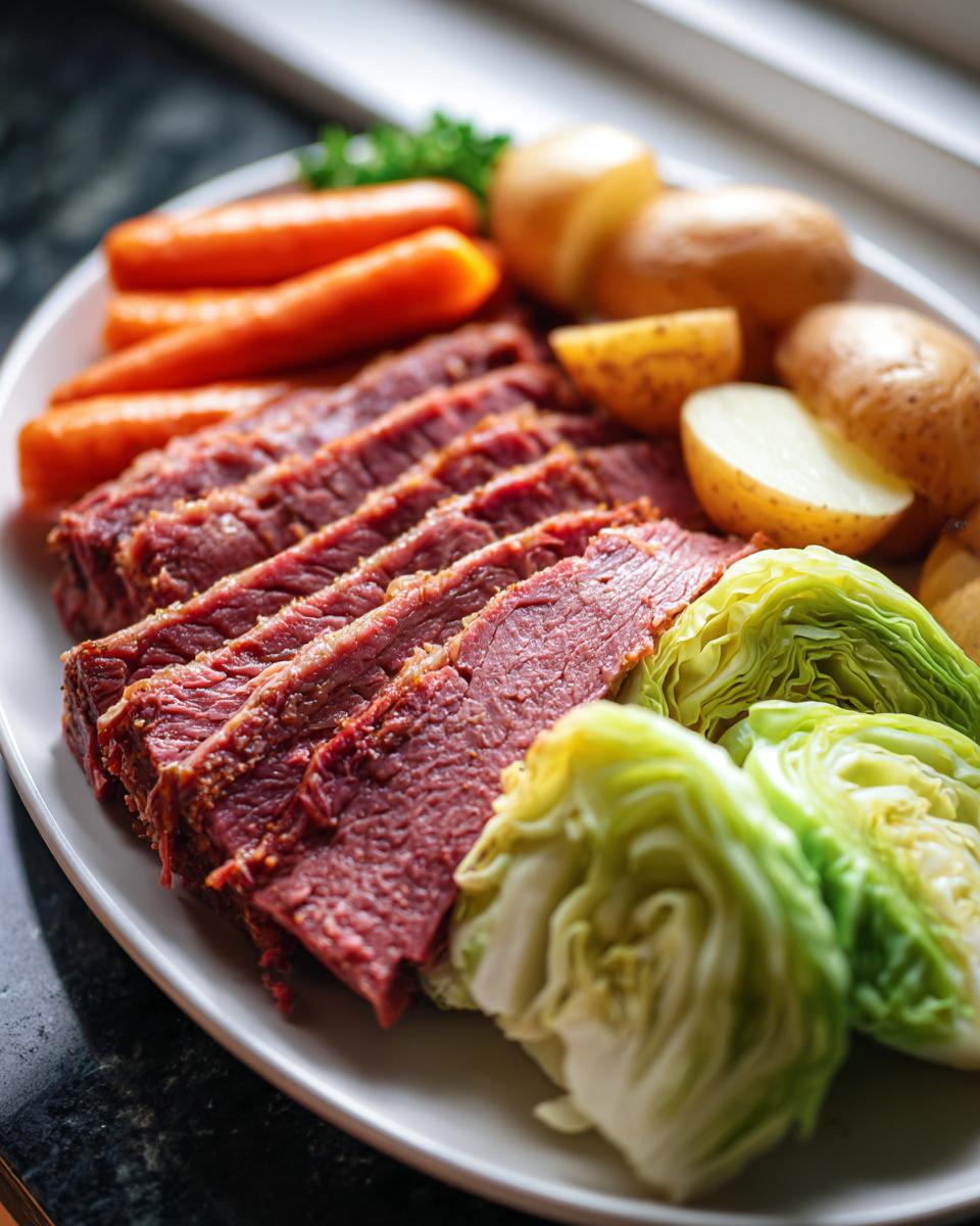 A platter of sliced instant pot corned beef and cabbage served with carrots and potatoes.