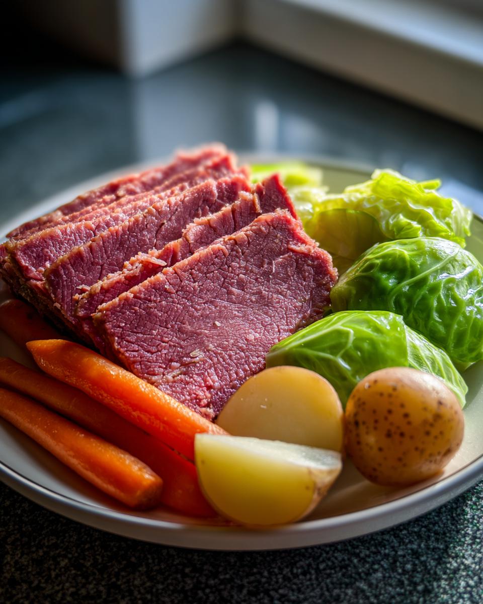 Slices of tender corned beef served with boiled cabbage, carrots, and potatoes, a classic instant pot corned beef and cabbage meal.