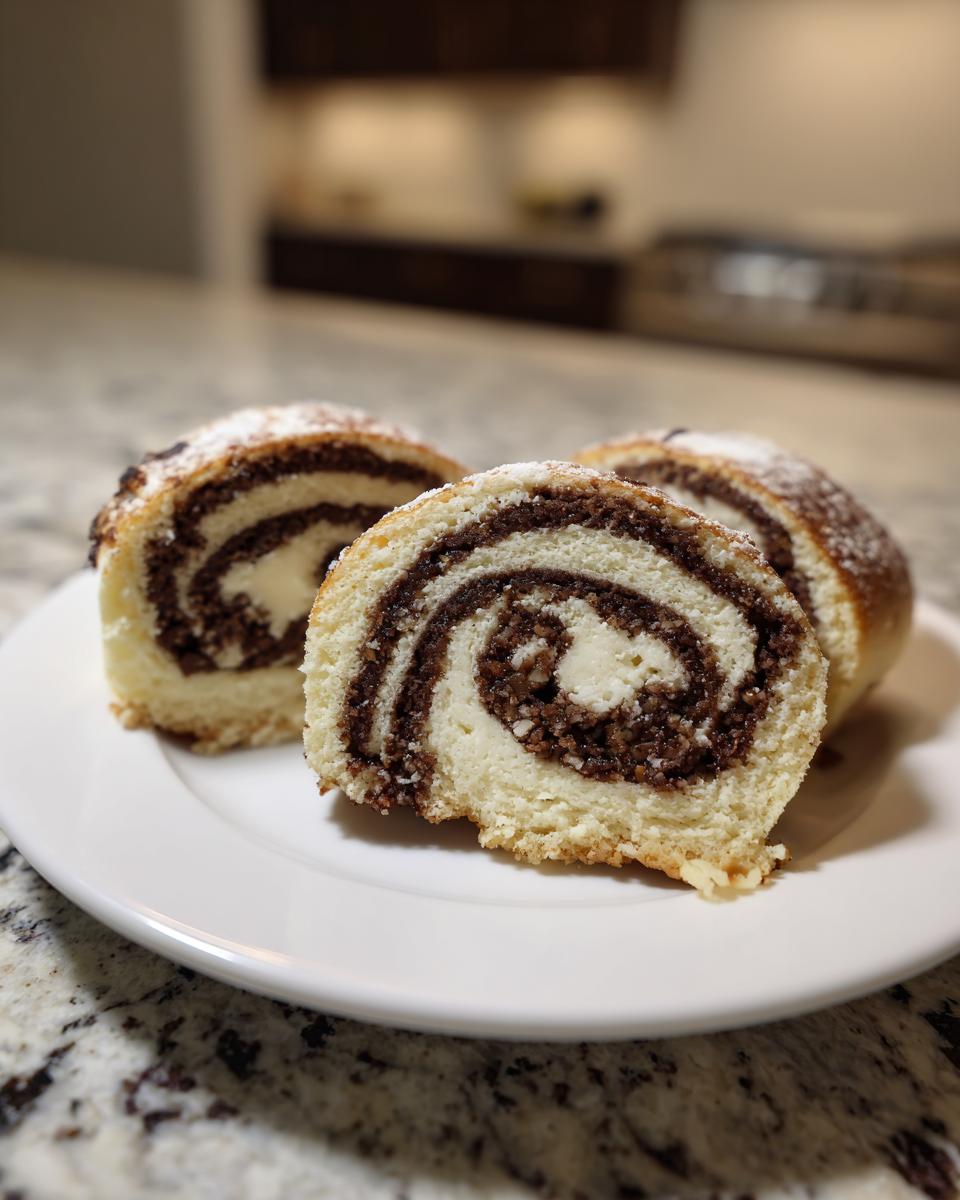 Three slices of Italian nut roll cookies with cream cheese dough showing the beautiful swirl of nut filling.