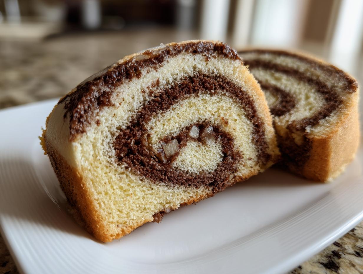 Two slices of Italian nut roll cookies with cream cheese dough showing a beautiful chocolate swirl and nut filling.
