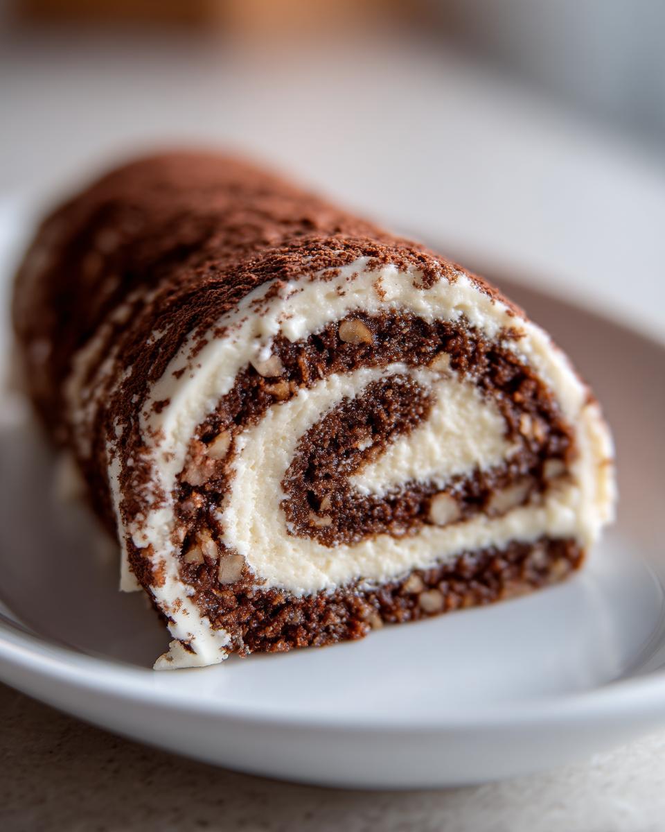 Close-up of a slice of italian nut roll cookies with cream cheese dough, showing chocolate swirl and nuts.