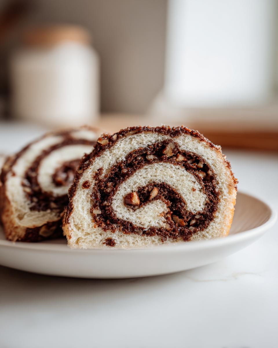 Close-up of two slices of italian nut roll cookies with cream cheese dough showing the rich chocolate and nut swirl.