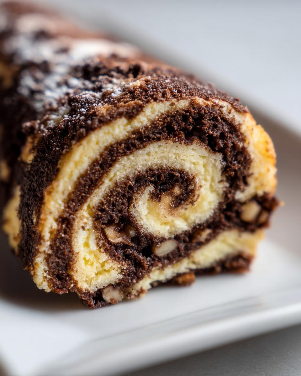 A close-up cross-section of an italian nut roll cookies with cream cheese dough showing a tight swirl of light and dark dough with visible chopped nuts.
