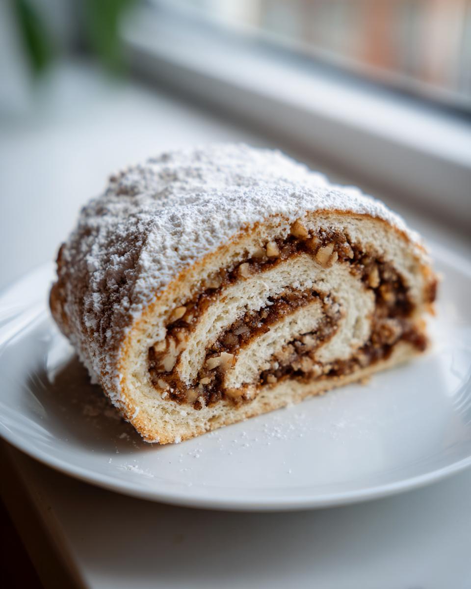 A close-up of a slice of Italian nut roll cookies showing the swirled nut filling and powdered sugar topping.