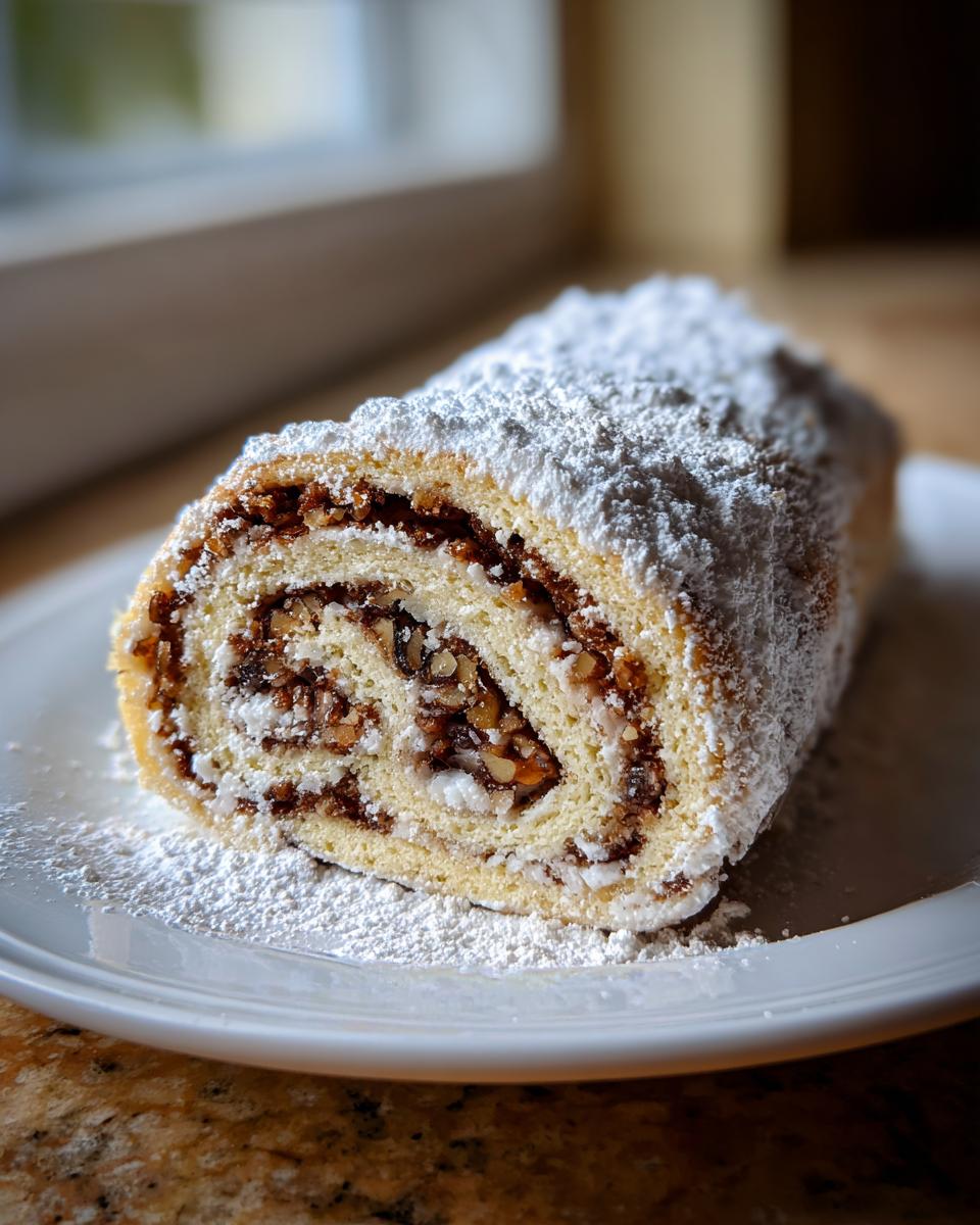 A close-up of a slice of italian nut roll cookies, showing the swirl of nut filling and powdered sugar topping.
