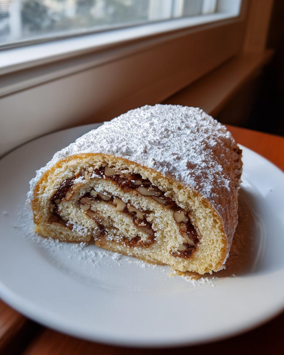 A cross-section slice of italian nut roll cookies, showing a rich nut filling, dusted heavily with powdered sugar.
