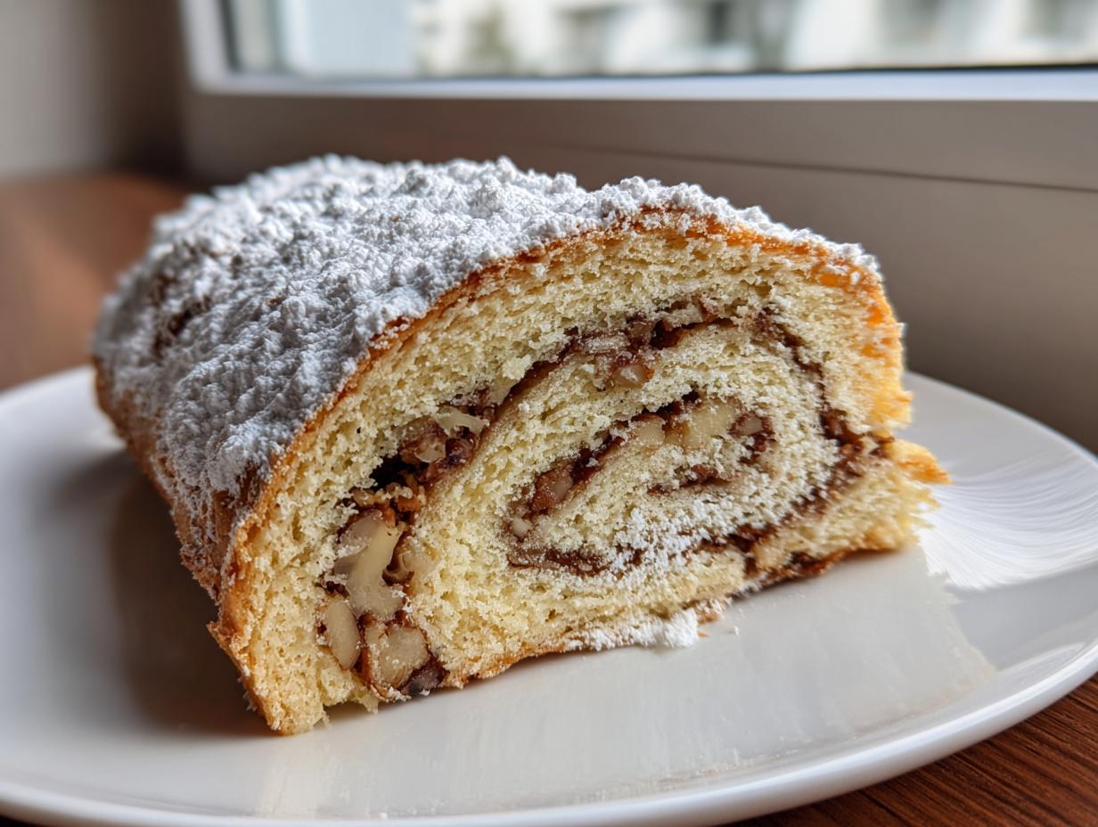Cross-section of an amazing italian nut roll cookies showing the swirl of nuts and dough, topped with powdered sugar.