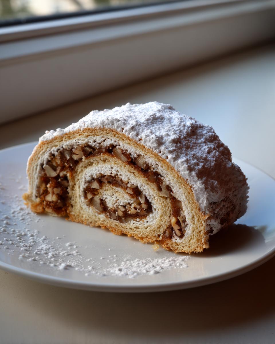 A cross-section slice of italian nut roll cookies, showing the swirl of nut filling and topped with powdered sugar.