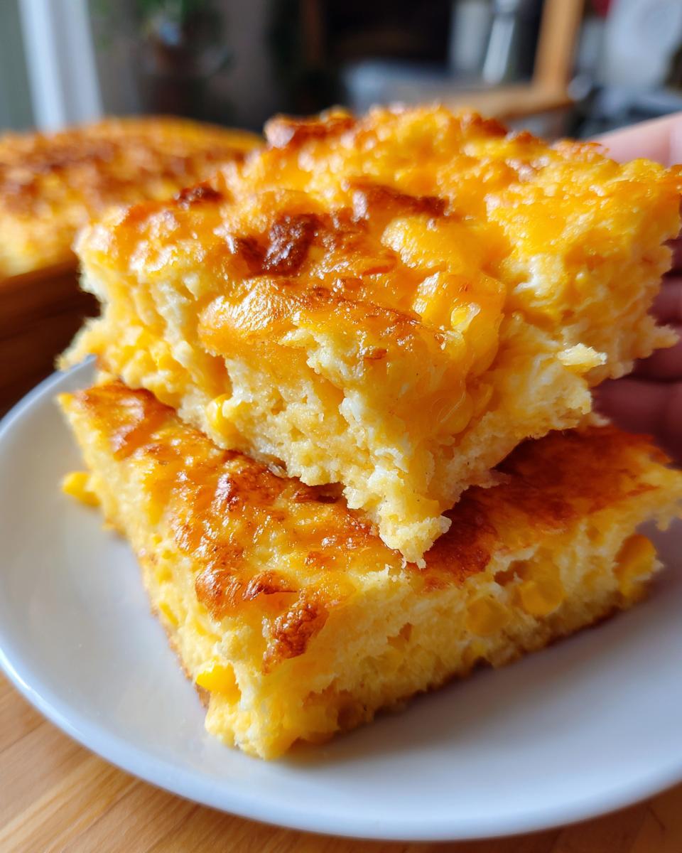 Two stacked squares of moist, cheesy jiffy corn casserole with a golden-brown top.