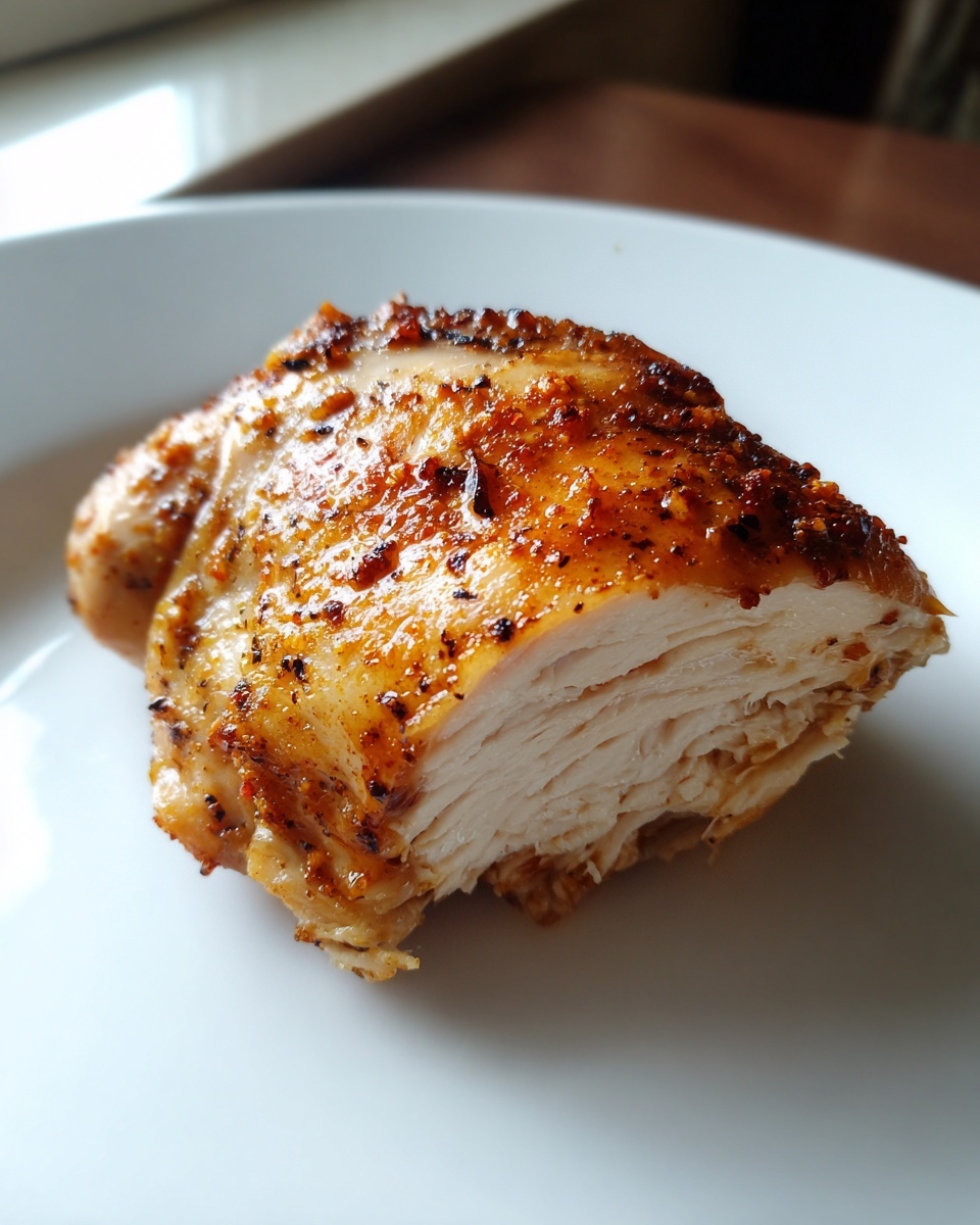 Close-up of a perfectly cooked piece of boneless skinless chicken thighs, showing moist white meat and seasoned, browned exterior.