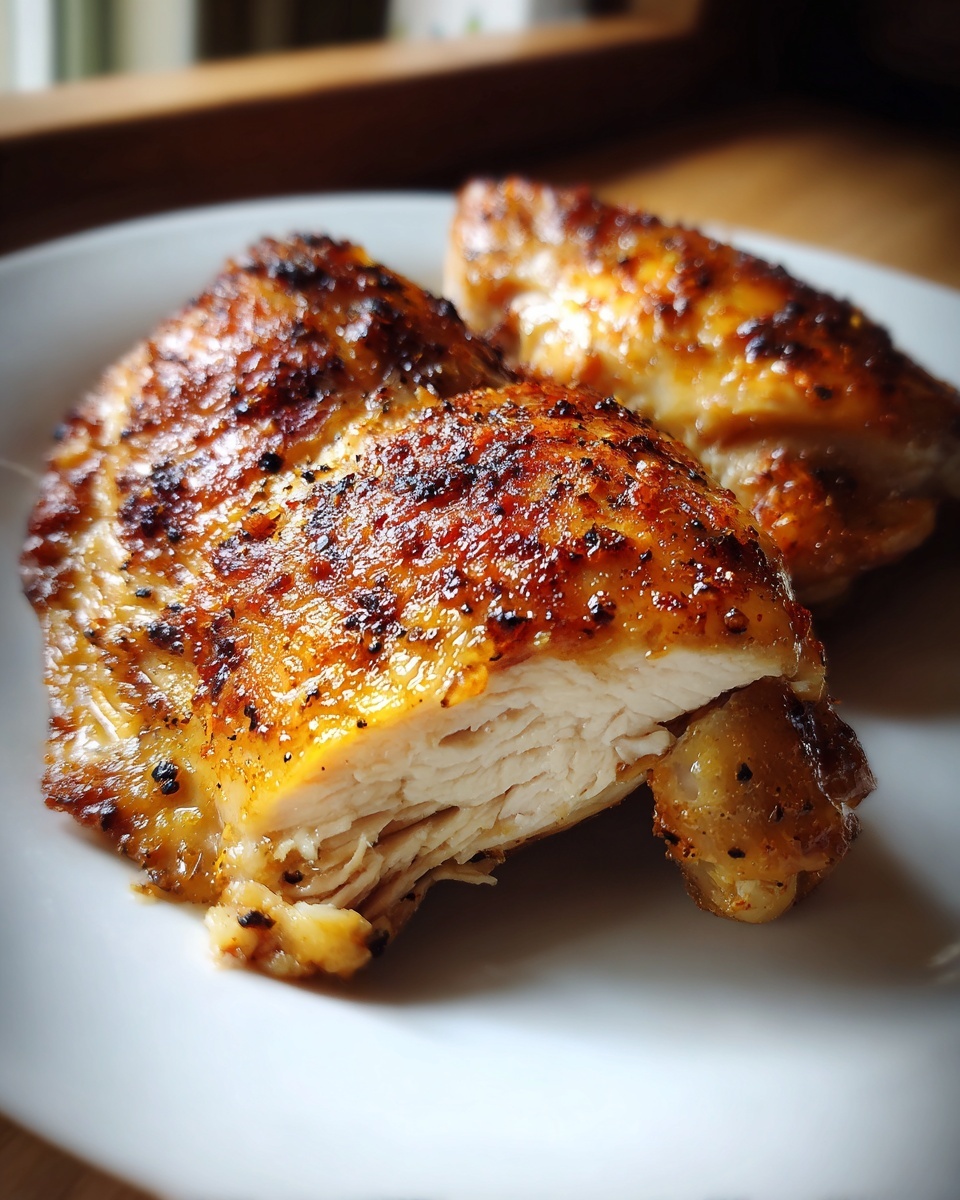 Close-up of three perfectly cooked, juicy boneless skinless chicken thighs with a beautifully browned and seasoned exterior.