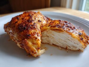 Close-up of perfectly cooked, juicy boneless skinless chicken thighs, sliced open to show moist white meat.