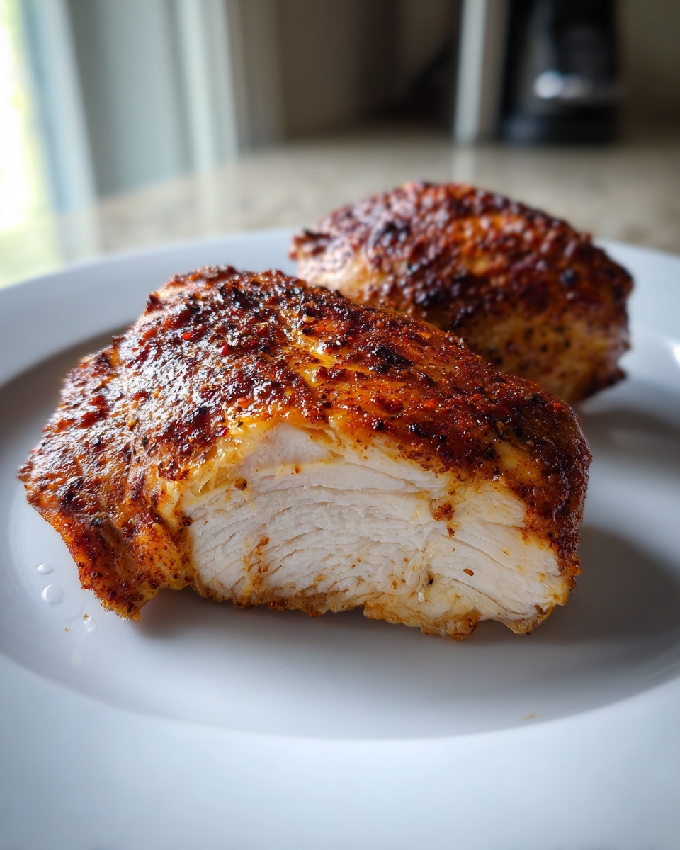 Cross-section of juicy, perfectly cooked boneless skinless chicken thighs showing moist white meat and seasoned crust.
