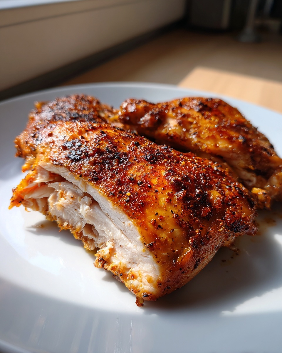Close-up of perfectly cooked, seasoned boneless skinless chicken thighs, showing the moist white interior.