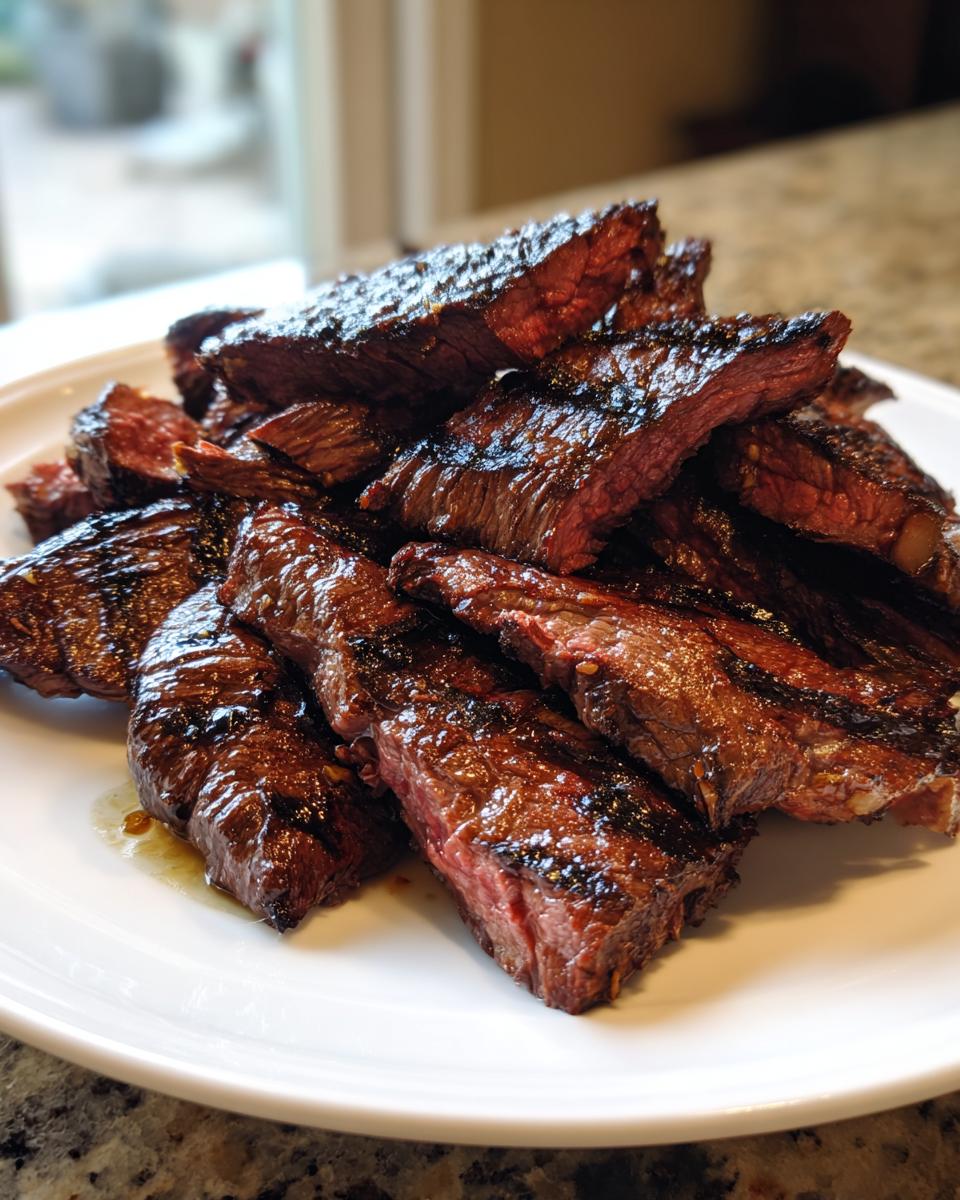 A pile of juicy, grilled, and sliced skirt steak resting on a white plate, showing a medium-rare interior.