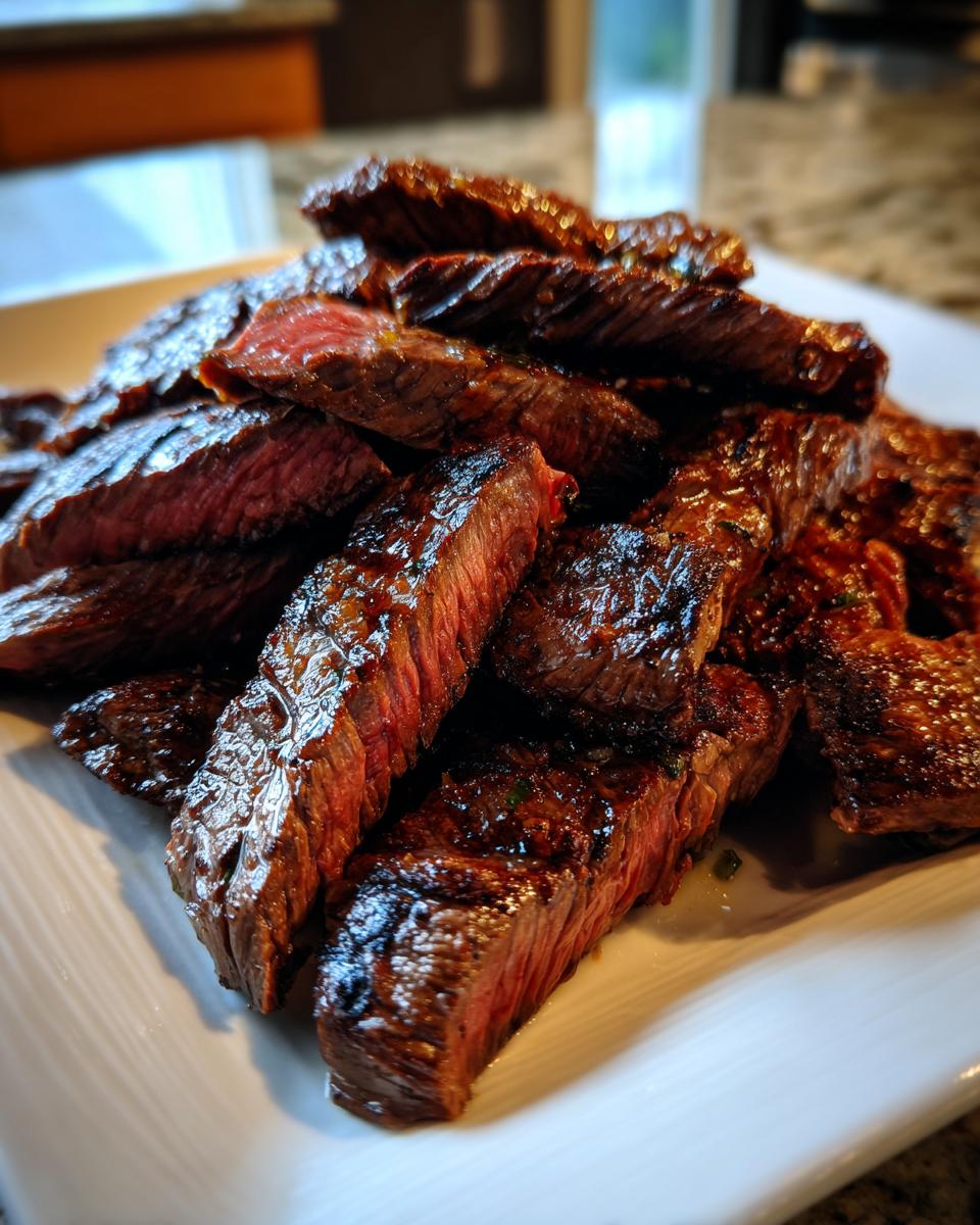 Close-up of juicy, medium-rare sliced skirt steak piled high on a white rectangular plate.