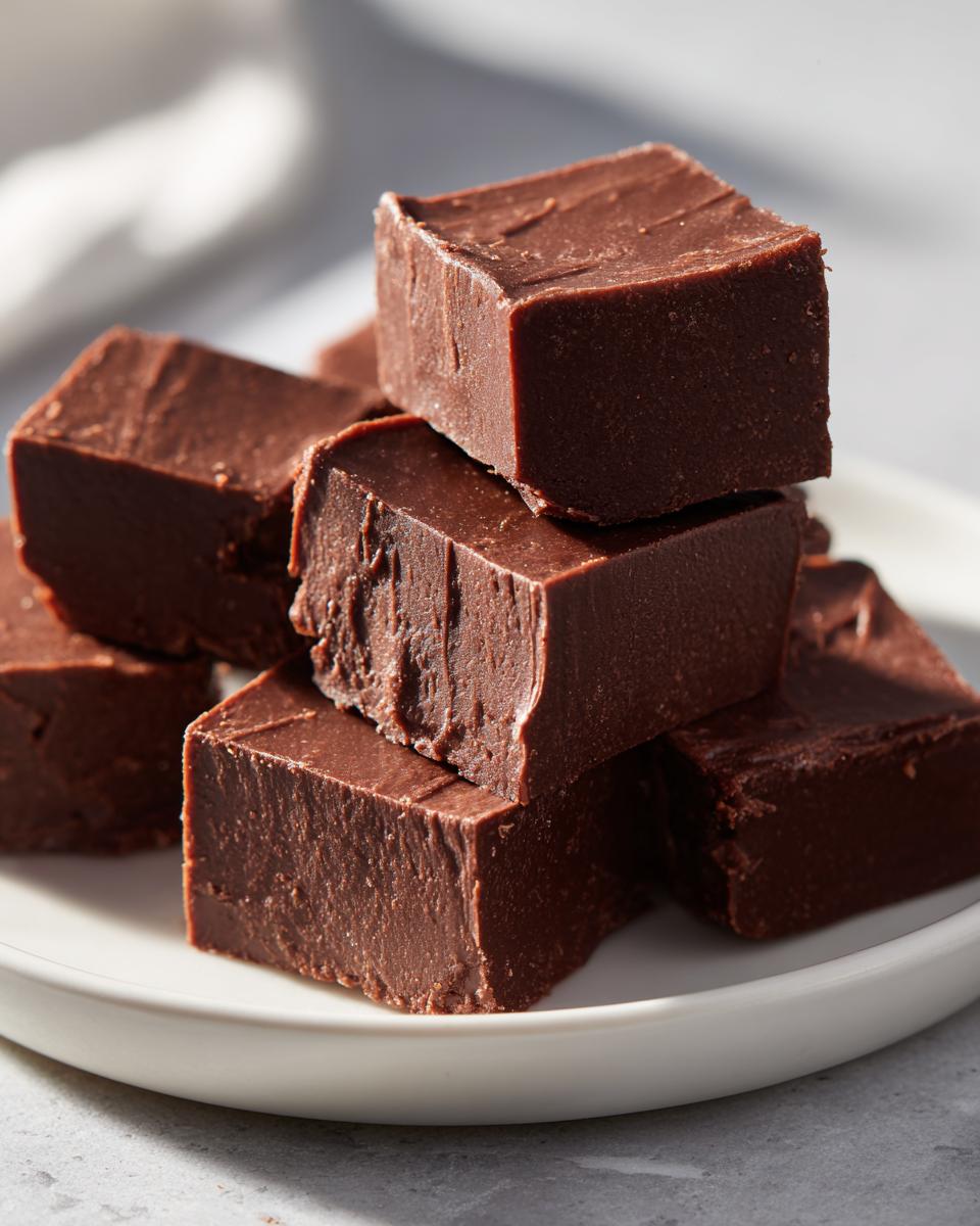Close-up of rich, dark squares of keto chocolate peanut butter fudge stacked on a white plate.