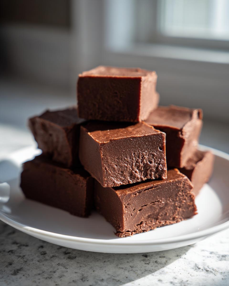 A stack of rich, dark chocolate squares of keto chocolate peanut butter fudge piled on a white plate.