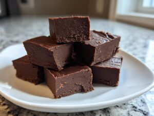 A stack of rich, dark chocolate squares of keto chocolate peanut butter fudge on a white plate.