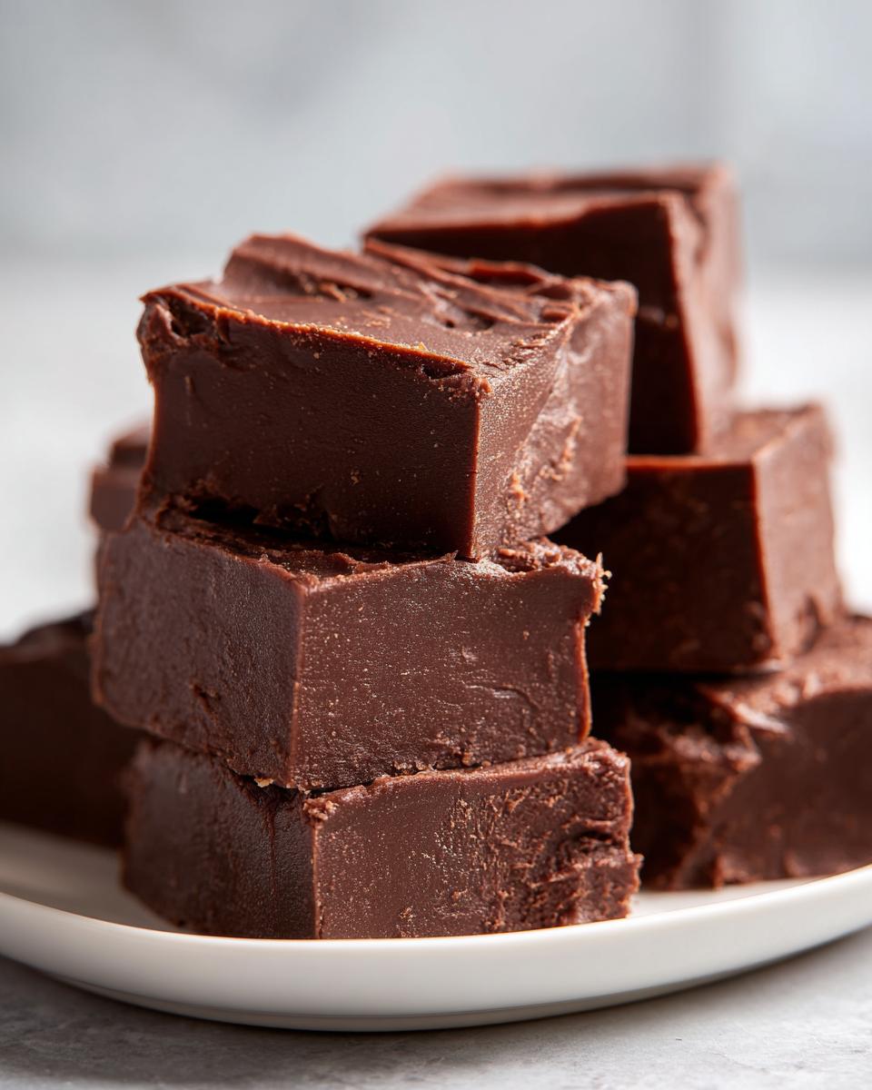 A stack of rich, dark chocolate keto chocolate peanut butter fudge squares piled on a white plate.