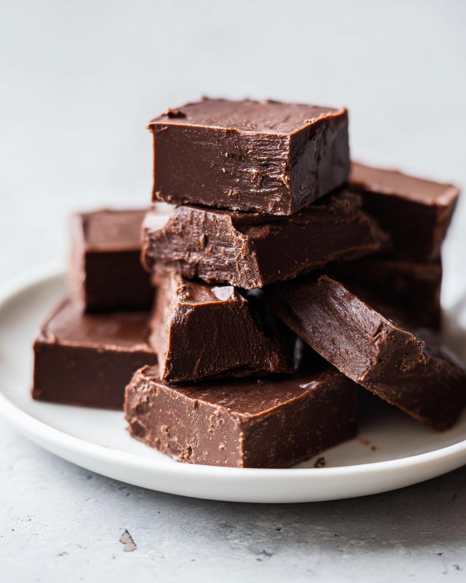A stack of rich, dark chocolate squares of keto chocolate peanut butter fudge piled on a white plate.