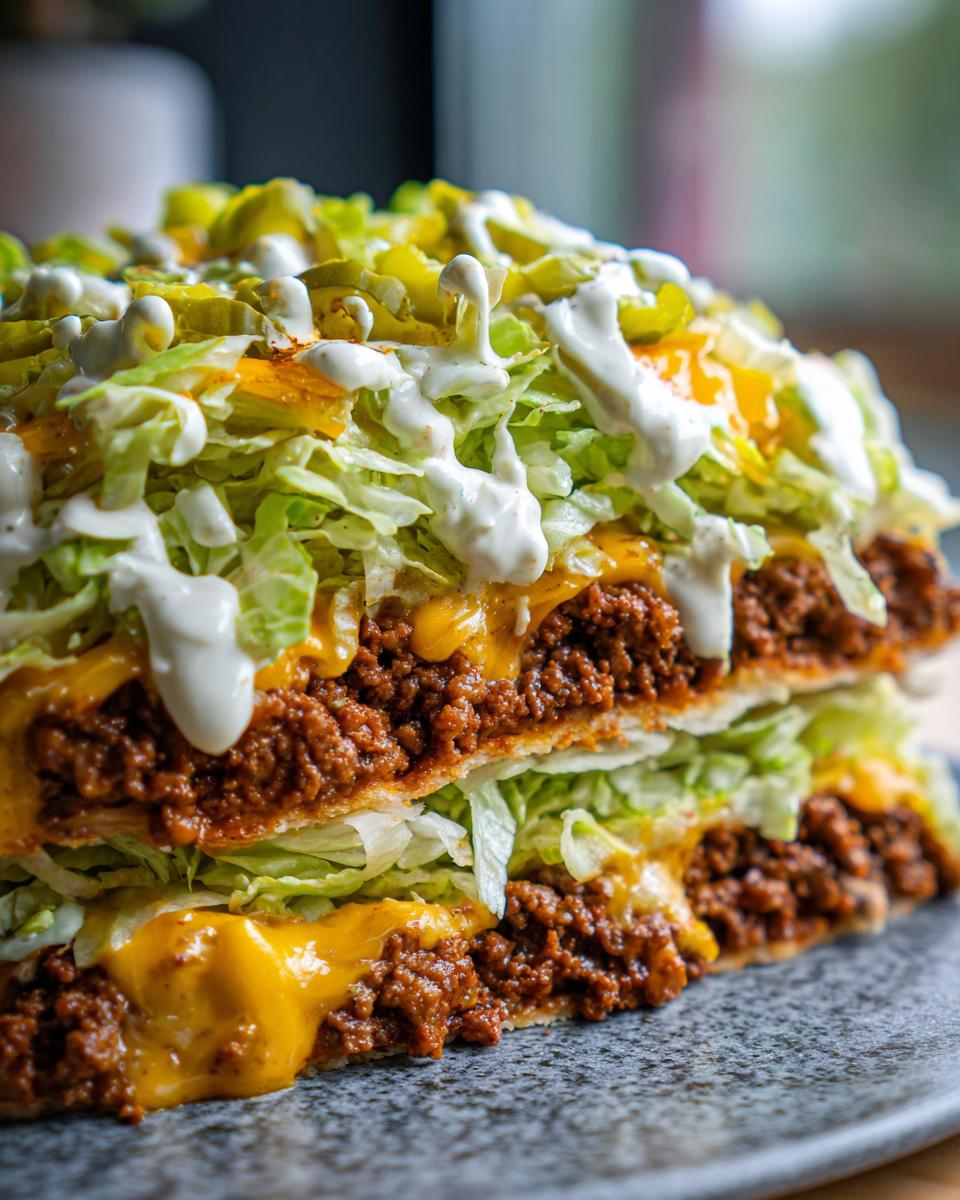 Close-up of a layered big mac salad showing seasoned ground beef, melted cheese, lettuce, pickles, and white sauce.