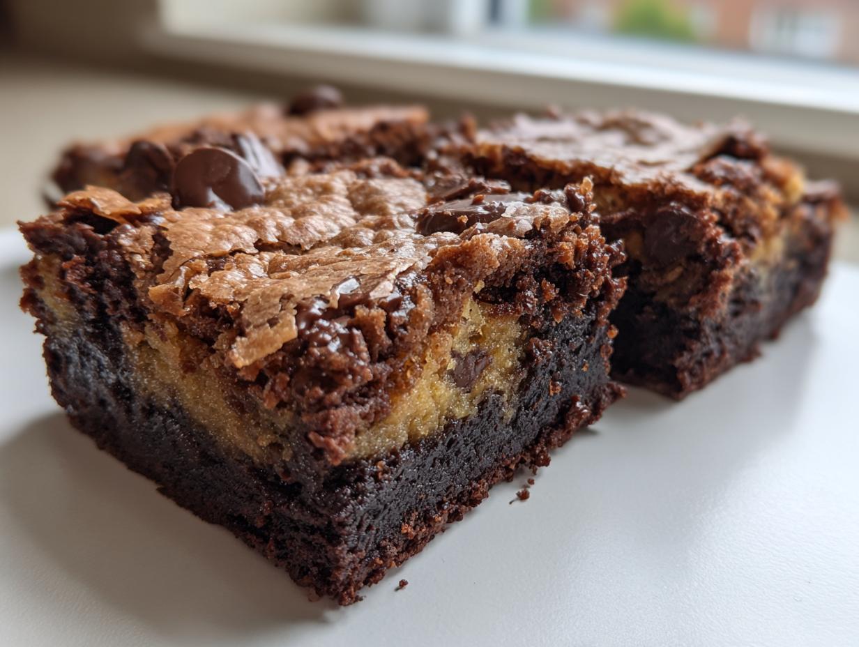 Two rich, layered brookies showing a dark brownie base and a lighter cookie layer topped with chocolate chips.