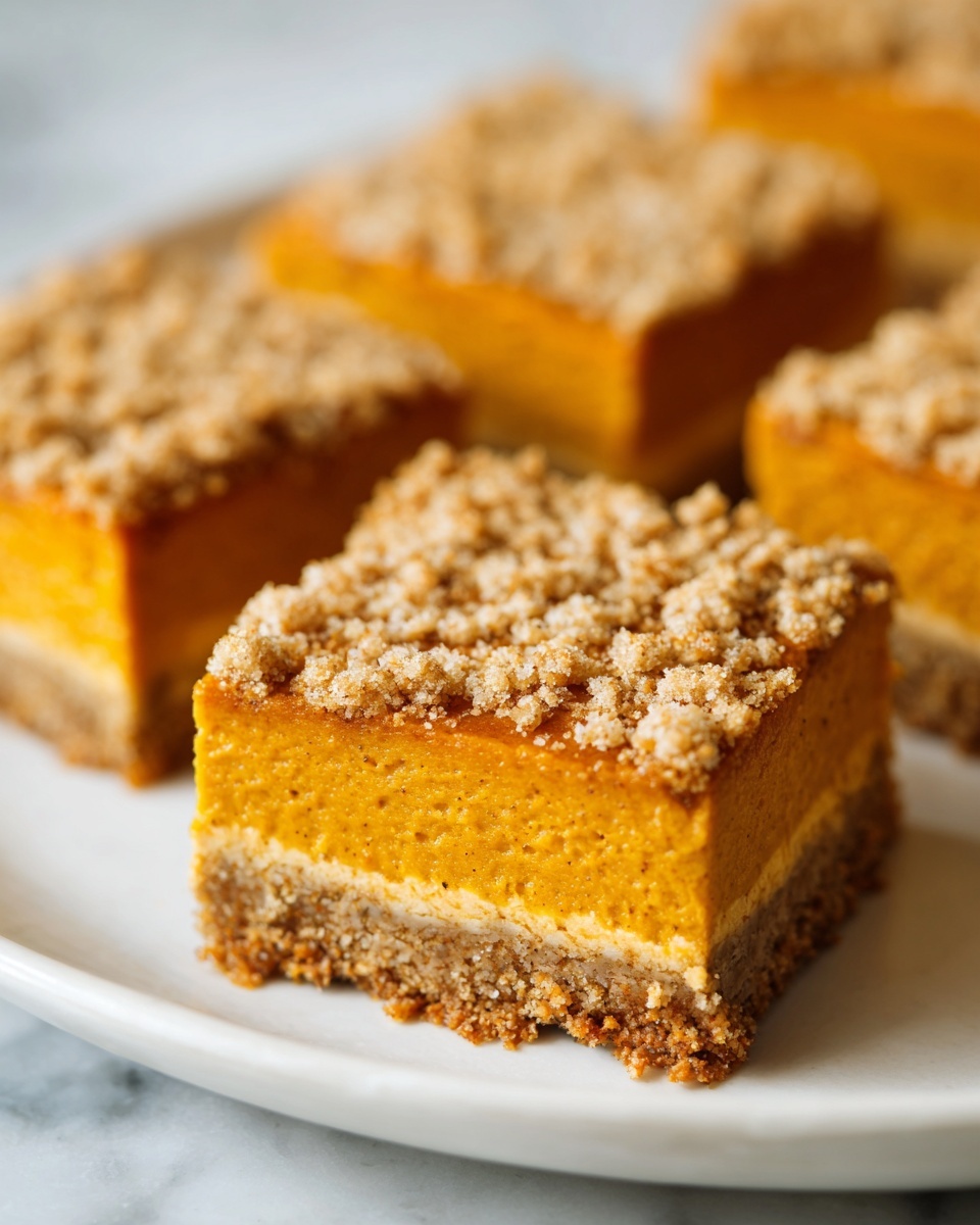 A close-up of a square pumpkin cheesecake bar with a graham cracker crust and crumb topping.