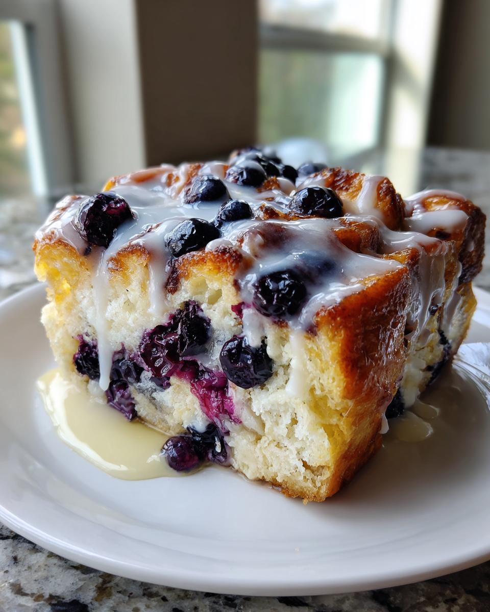 A close-up of a serving of lemon blueberry french toast casserole topped with glaze and fresh blueberries.