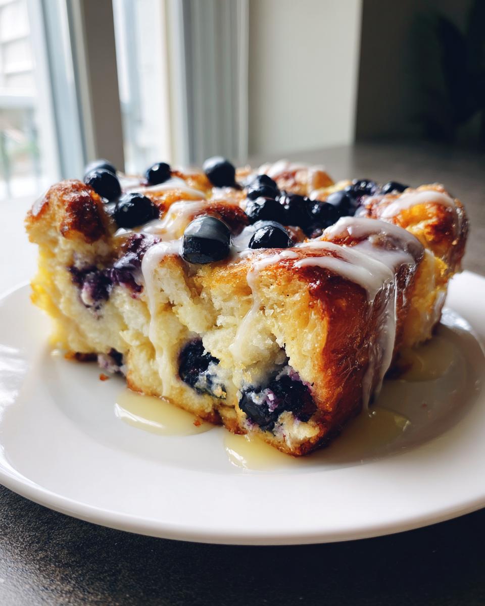 A close-up of a serving of lemon blueberry french toast casserole topped with glaze and fresh blueberries.