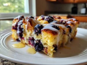 A close-up of a serving of lemon blueberry french toast casserole, drizzled with white glaze and sitting on a white plate.