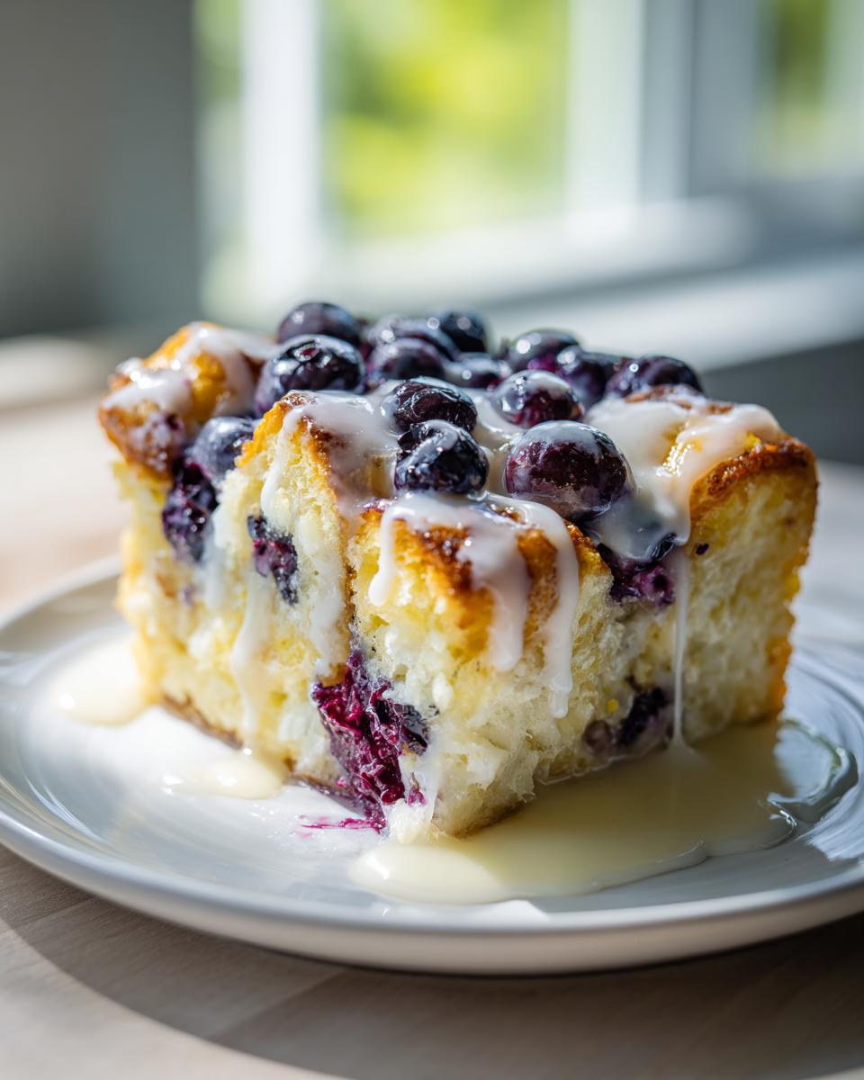 A square serving of lemon blueberry french toast casserole topped with fresh blueberries and vanilla glaze.