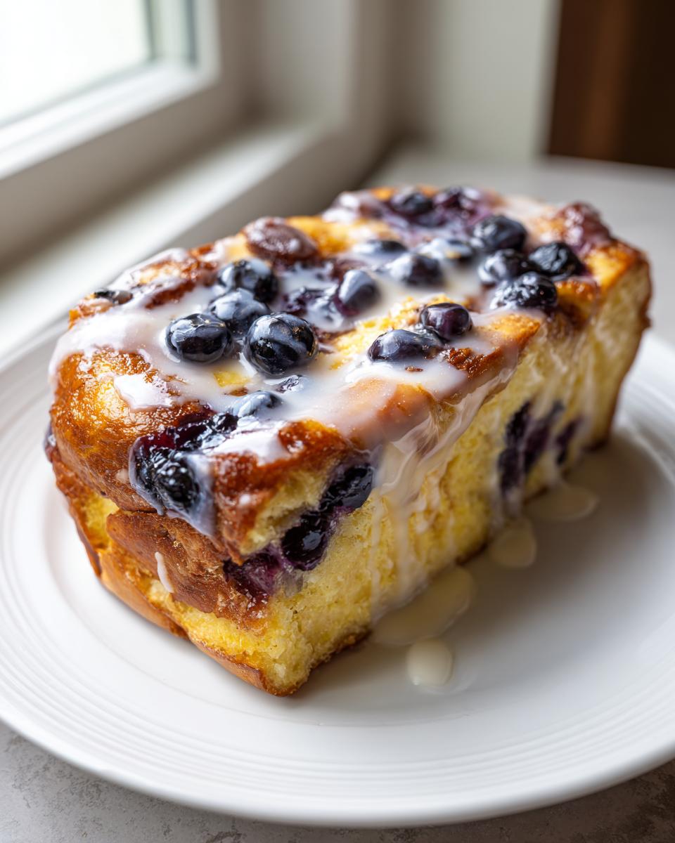 A close-up of a thick slice of lemon blueberry french toast casserole topped with fresh blueberries and white glaze.