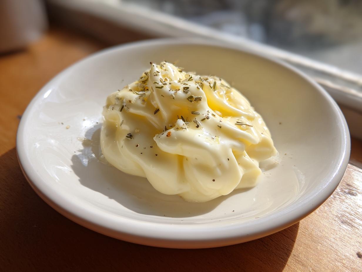 A dollop of creamy lemon garlic aioli recipe garnished with herbs on a small white dish.