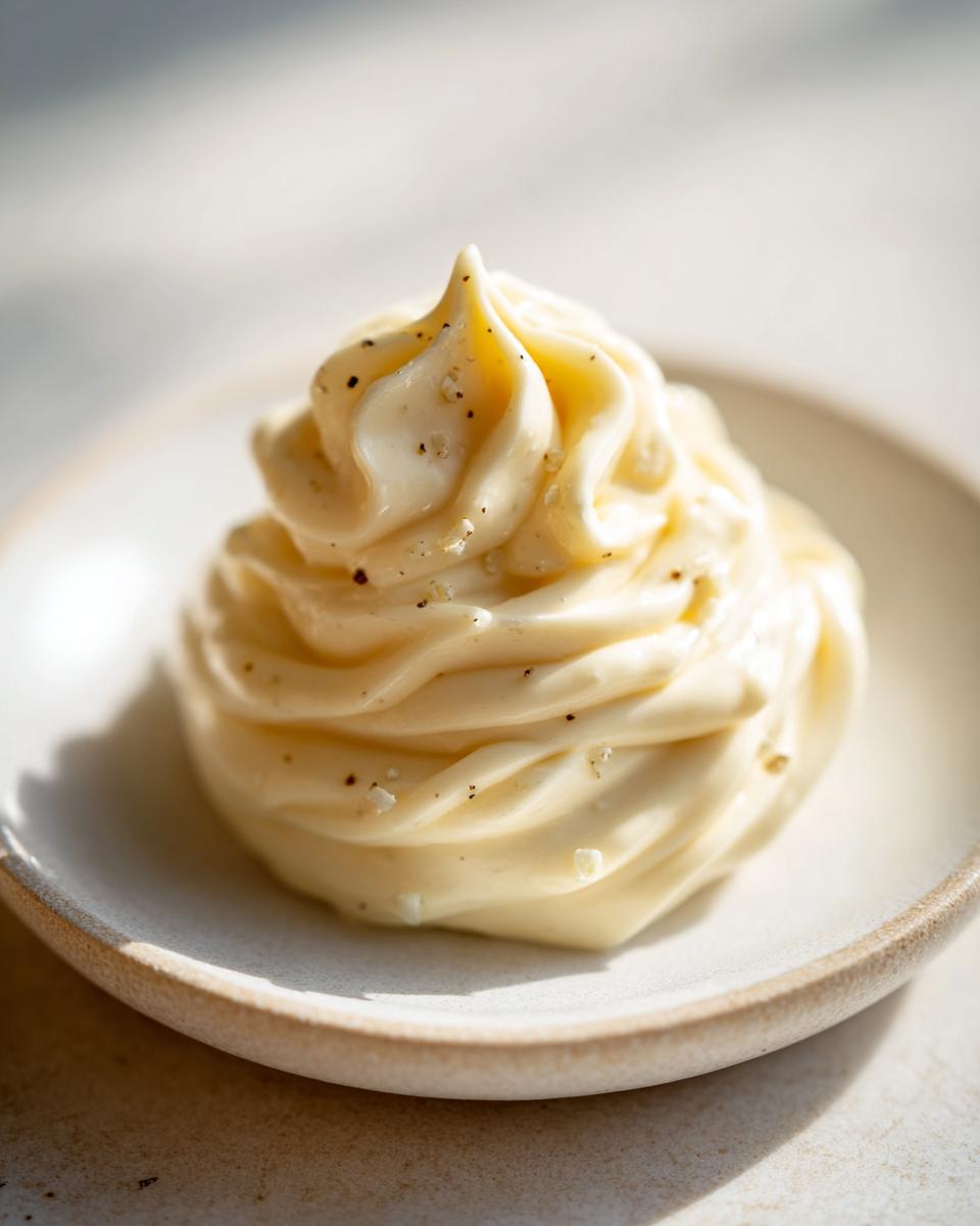 A beautiful swirl of creamy lemon garlic aioli recipe, topped with cracked black pepper.