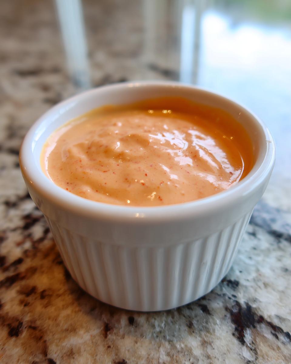 Close-up of creamy, orange-hued low carb big mac sauce served in a small white fluted ramekin.
