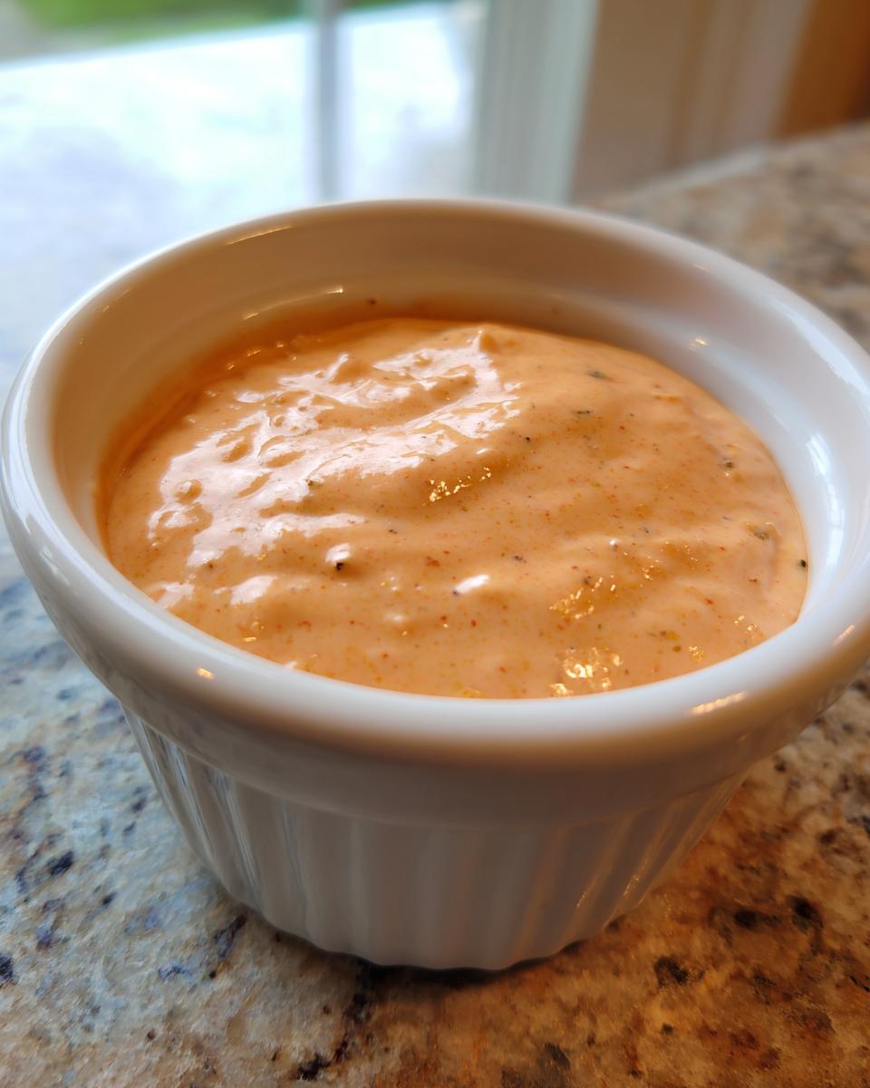 Close-up of creamy, orange-tinted low carb big mac sauce served in a small, white fluted ramekin.