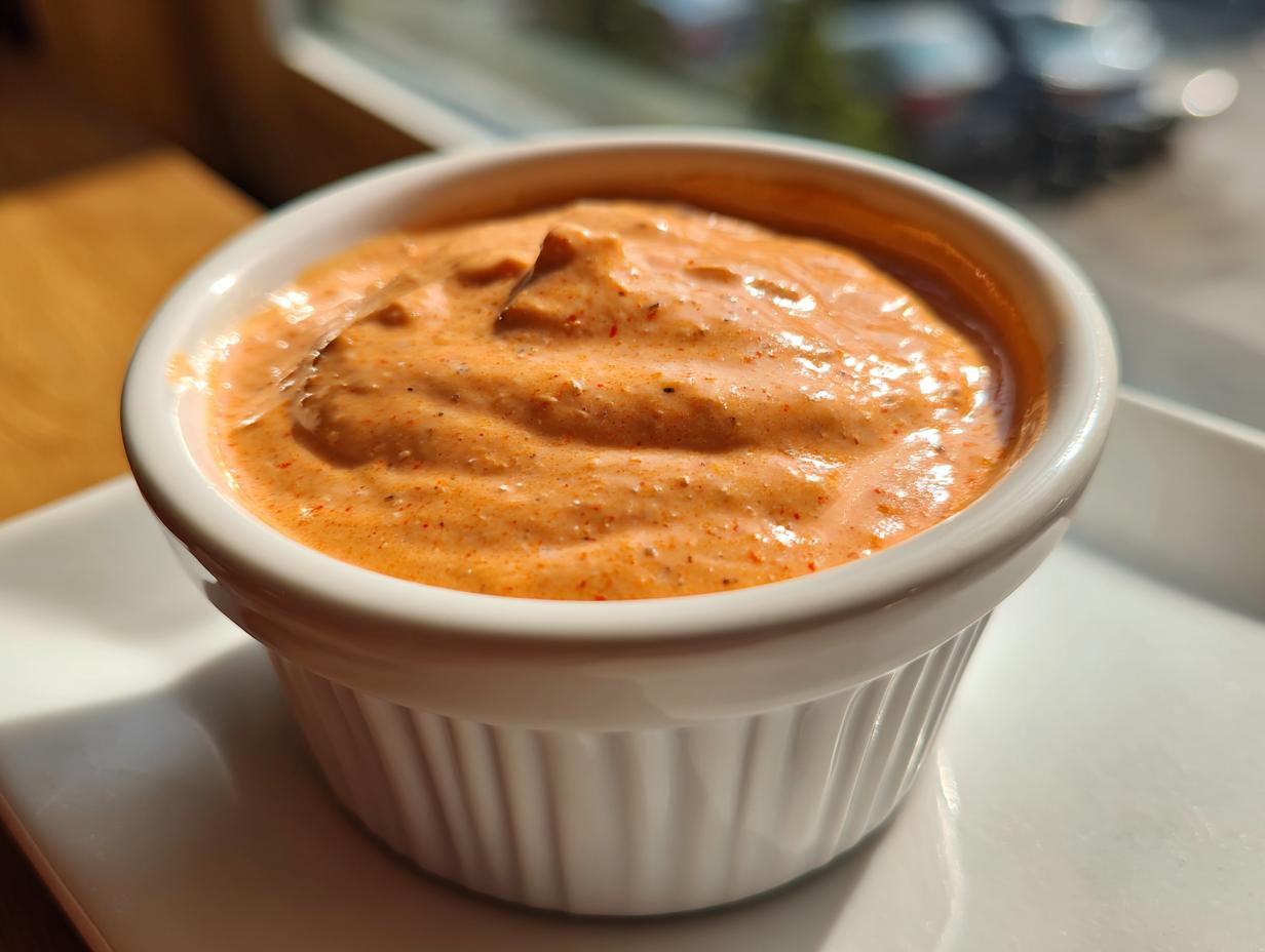 Close-up of creamy, orange-hued low carb big mac sauce served in a small white fluted ramekin.