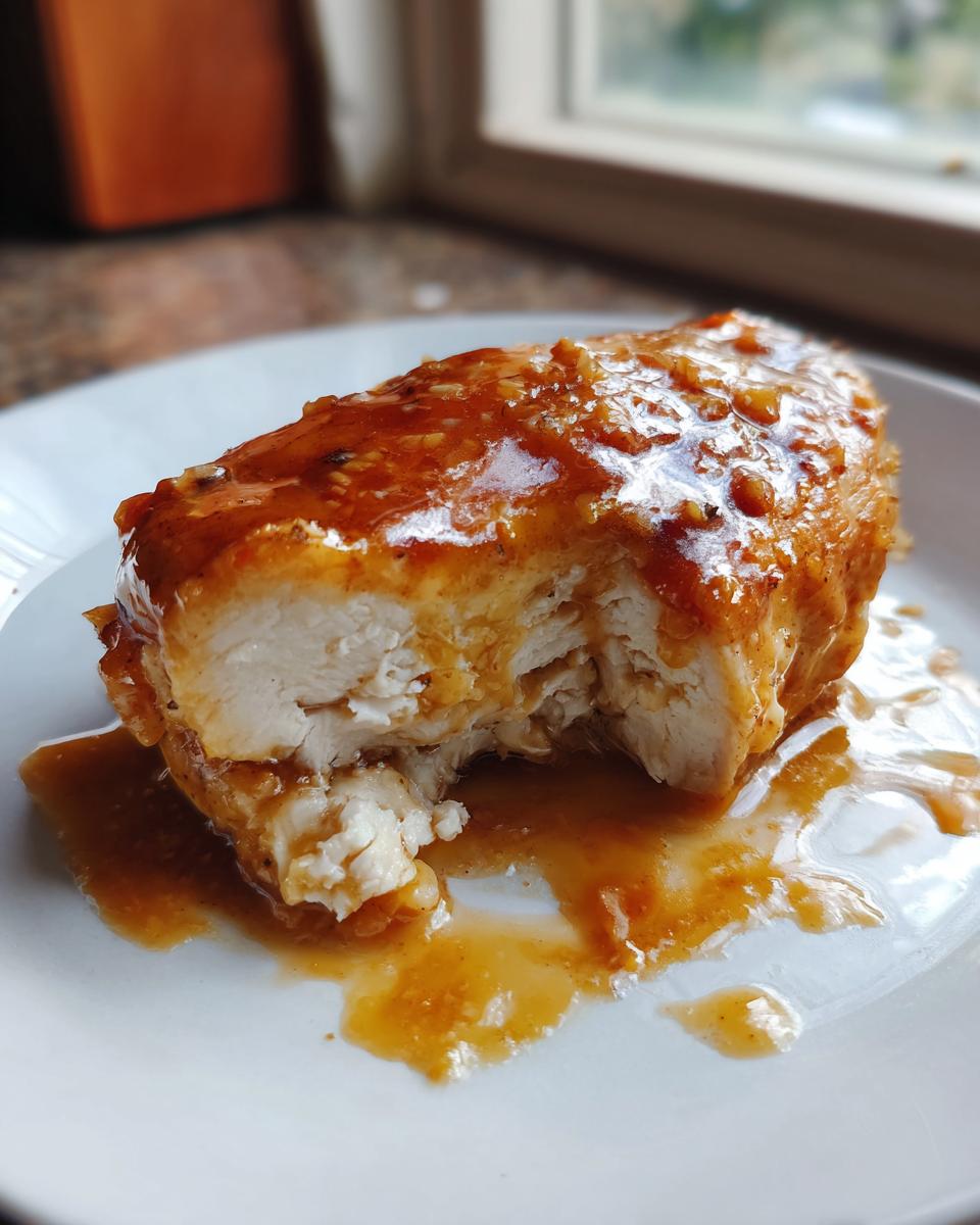 Close-up of a juicy maple dijon chicken breast cut open, covered in a thick, glossy sauce.