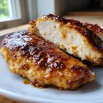 Close-up of juicy maple dijon chicken breast, sliced to show the perfectly cooked white interior.