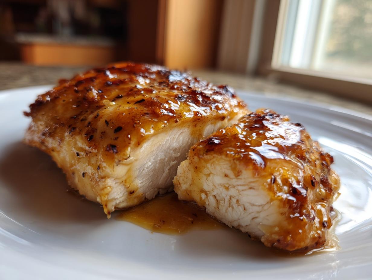 Close-up of juicy maple dijon chicken breast sliced to show moist interior and sticky glaze.