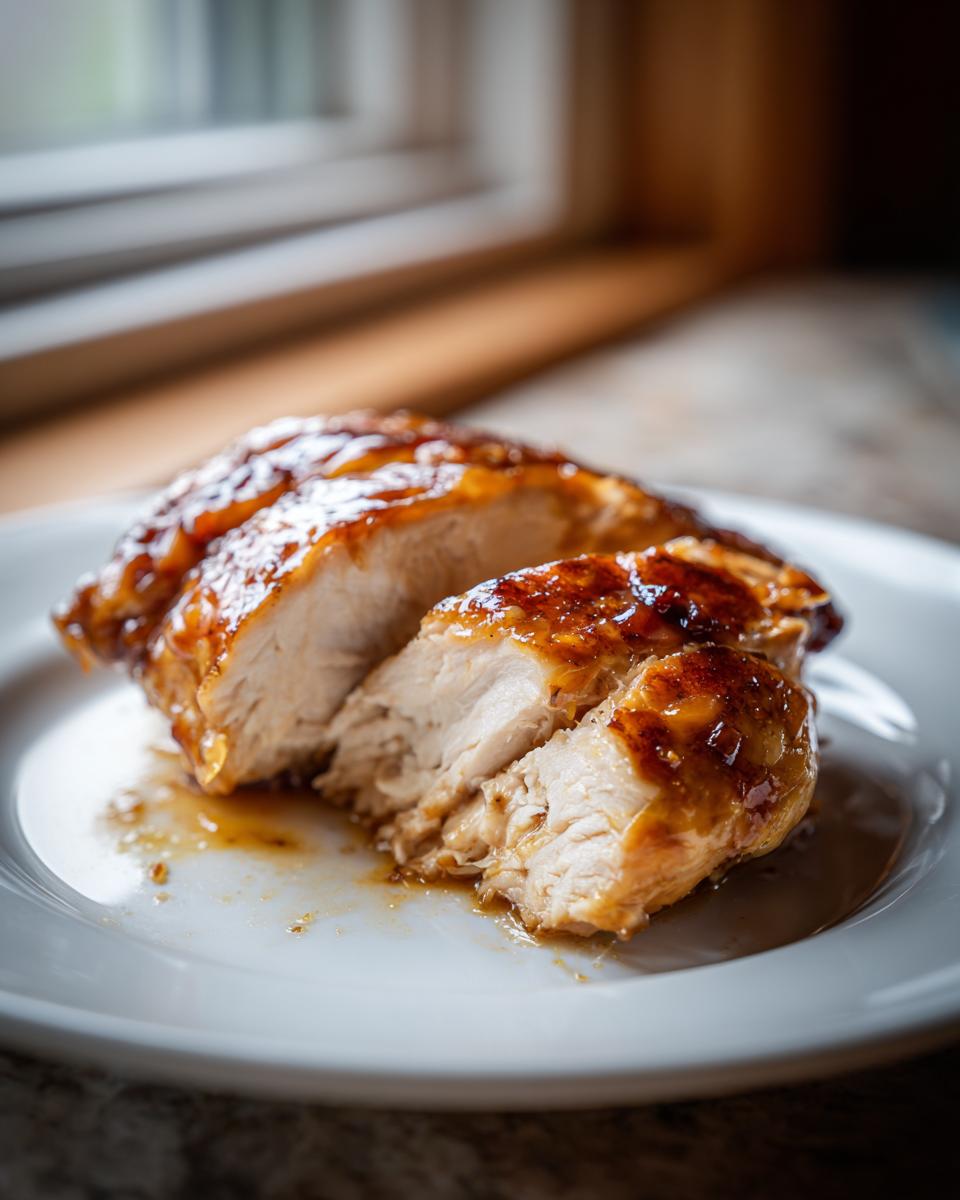 Close-up of sliced maple dijon chicken breast showing juicy interior and shiny glaze.