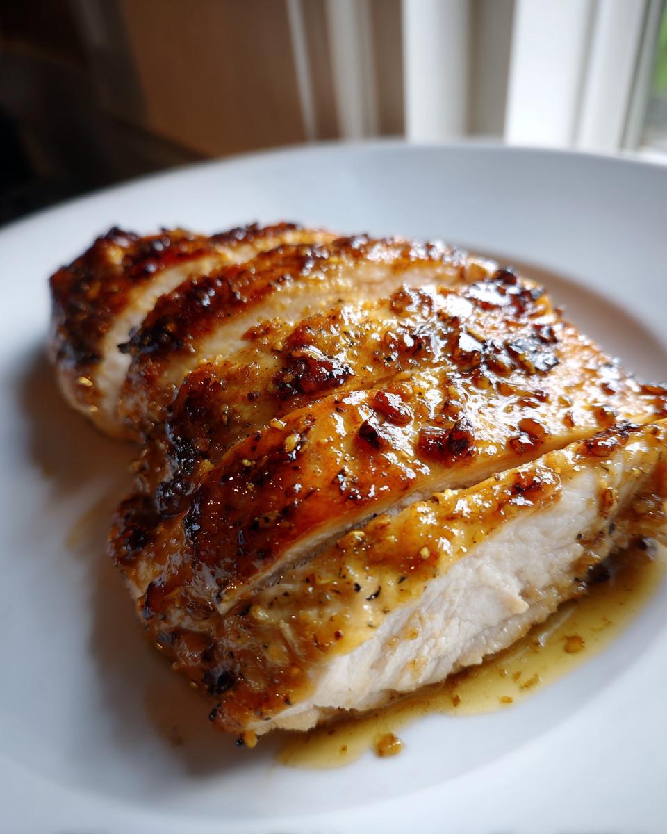 Close-up of sliced maple dijon chicken breast showing the juicy white meat and a shiny, caramelized glaze.