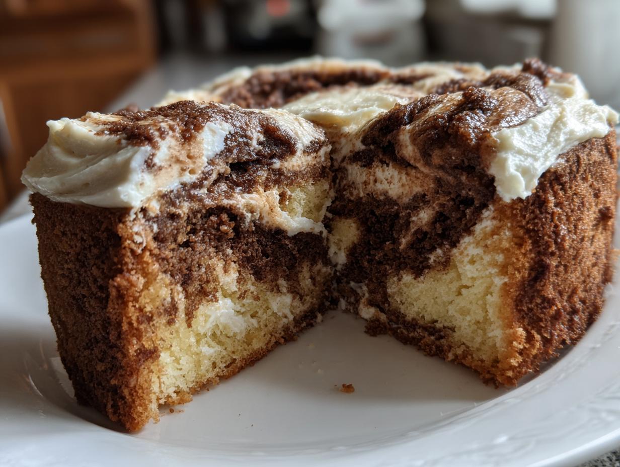 A thick slice cut from a marbled cinnamon roll cake showing swirls of light and dark batter, topped with cream cheese frosting.
