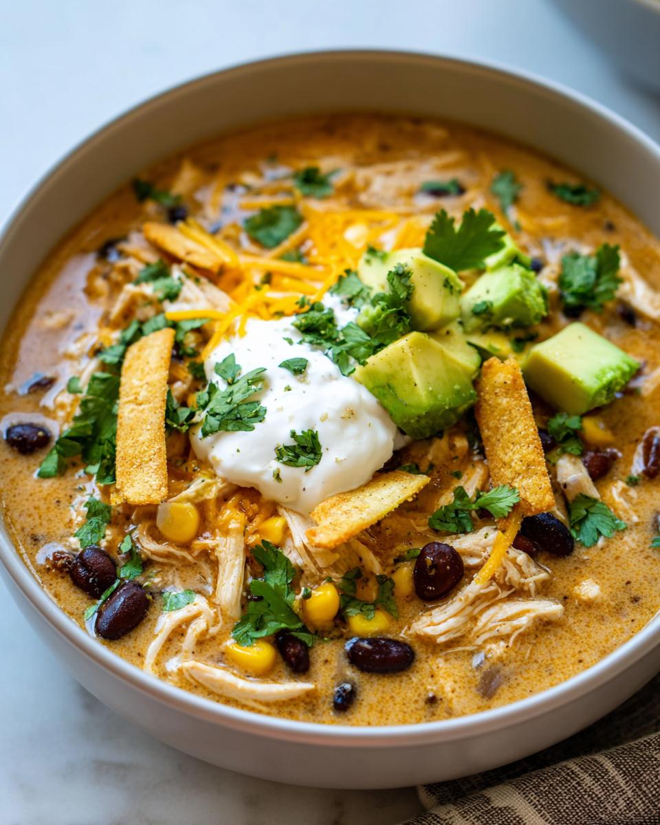 Close-up of Martina McBride's creamy chicken tortilla soup topped with sour cream, avocado, and tortilla strips.