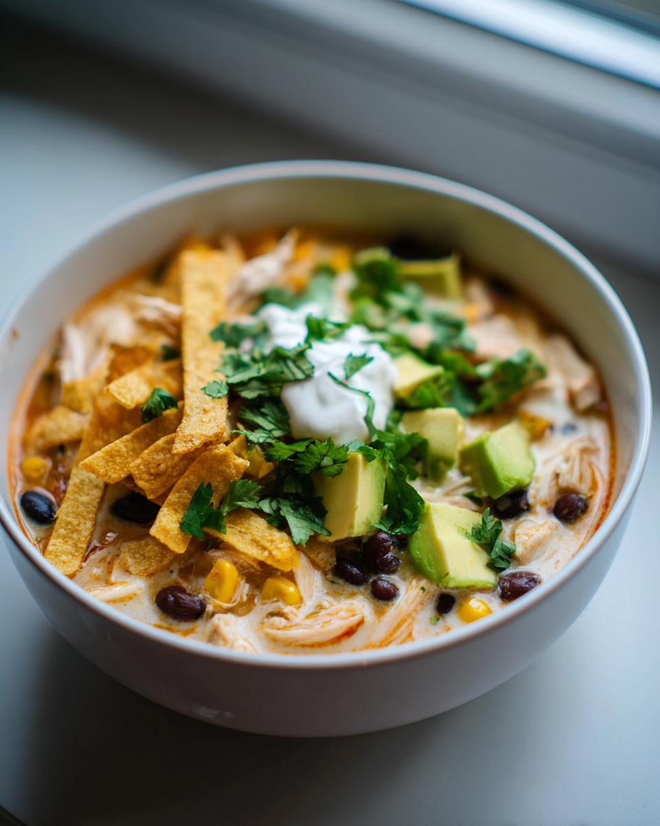 Close-up of Martina McBride's creamy chicken tortilla soup topped with avocado, sour cream, and tortilla strips.